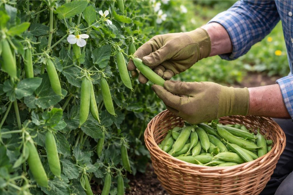 Harvesting fresh peas in a UK garden