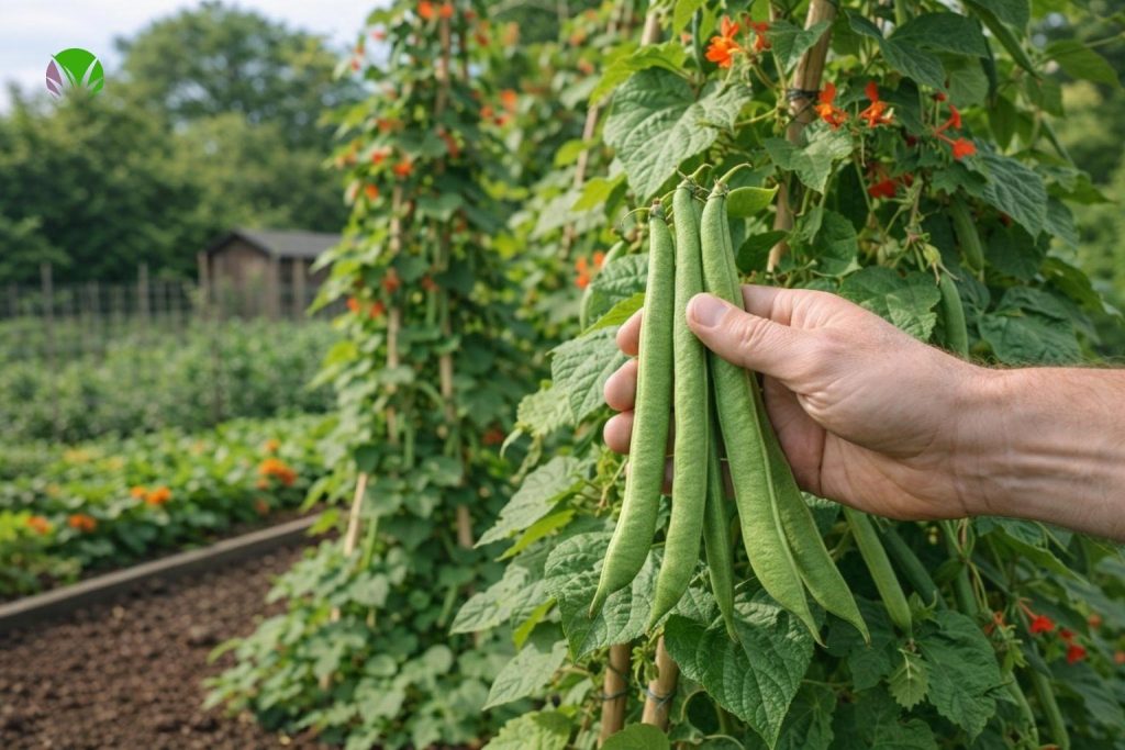 Harvesting fresh runner beans in a UK vegetable garden