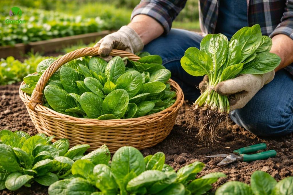 Gardener harvesting fresh spinach leaves into a basket in a UK vegetable garden