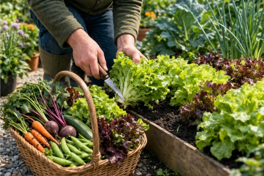 Harvesting vegetables in a UK garden