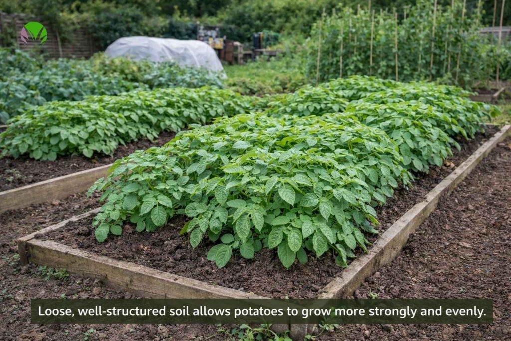 Healthy potato plants growing in raised beds in a UK garden