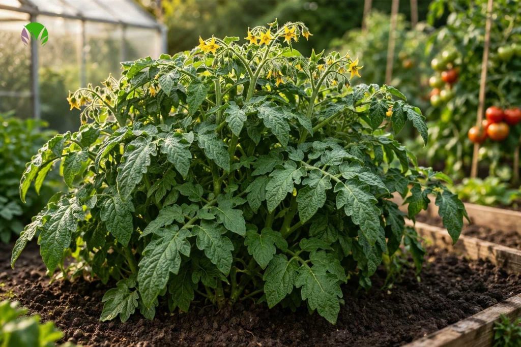 Leafy tomato plant with no fruit due to overfeeding
