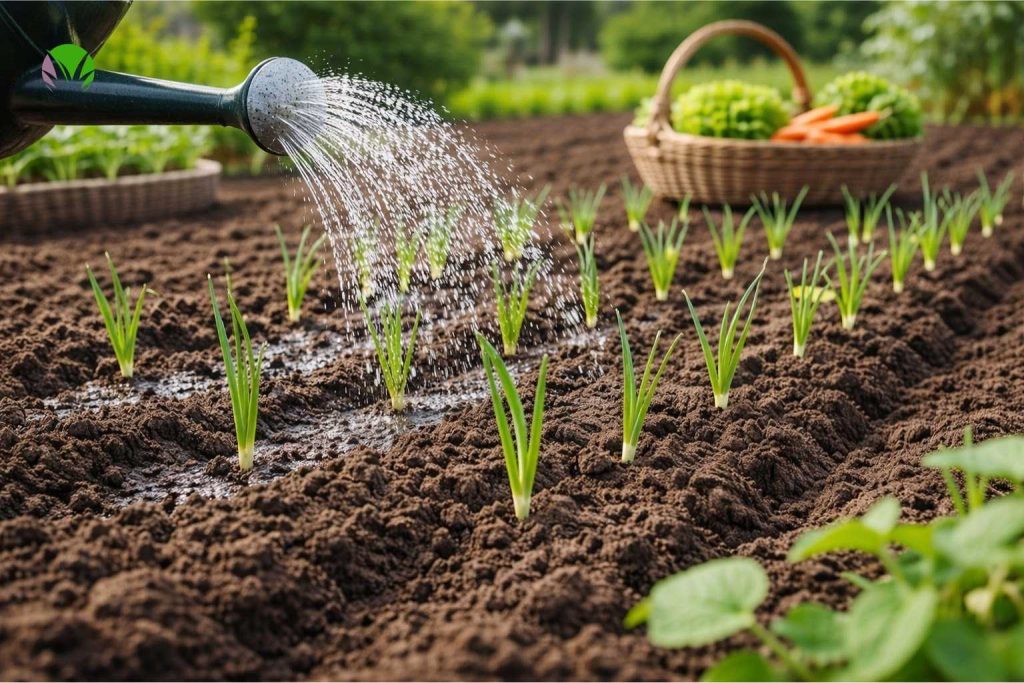 mature leek plants growing in rows in a UK vegetable garden