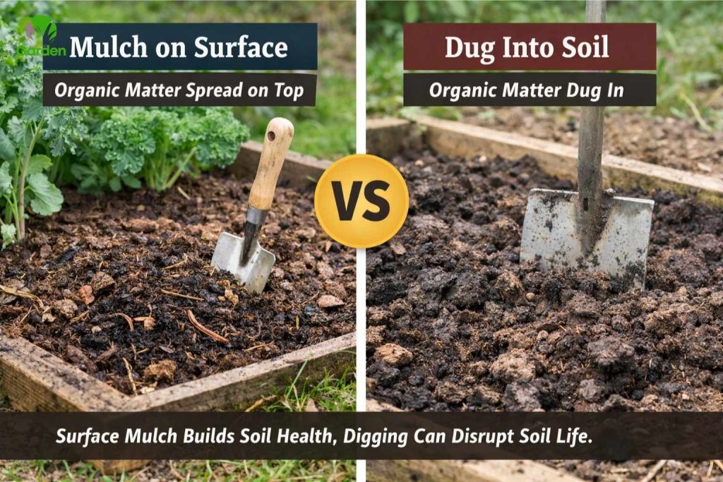 Organic matter added as surface mulch compared with compost dug into garden soil in a UK garden