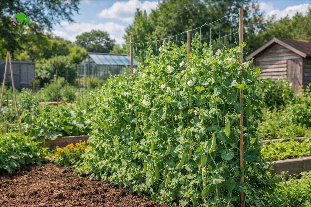 Pea plants growing in a UK garden bed