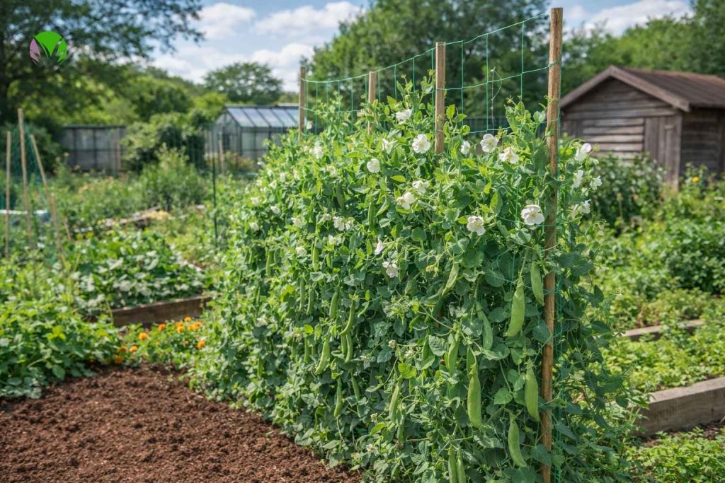 Pea plants climbing support netting in a UK garden