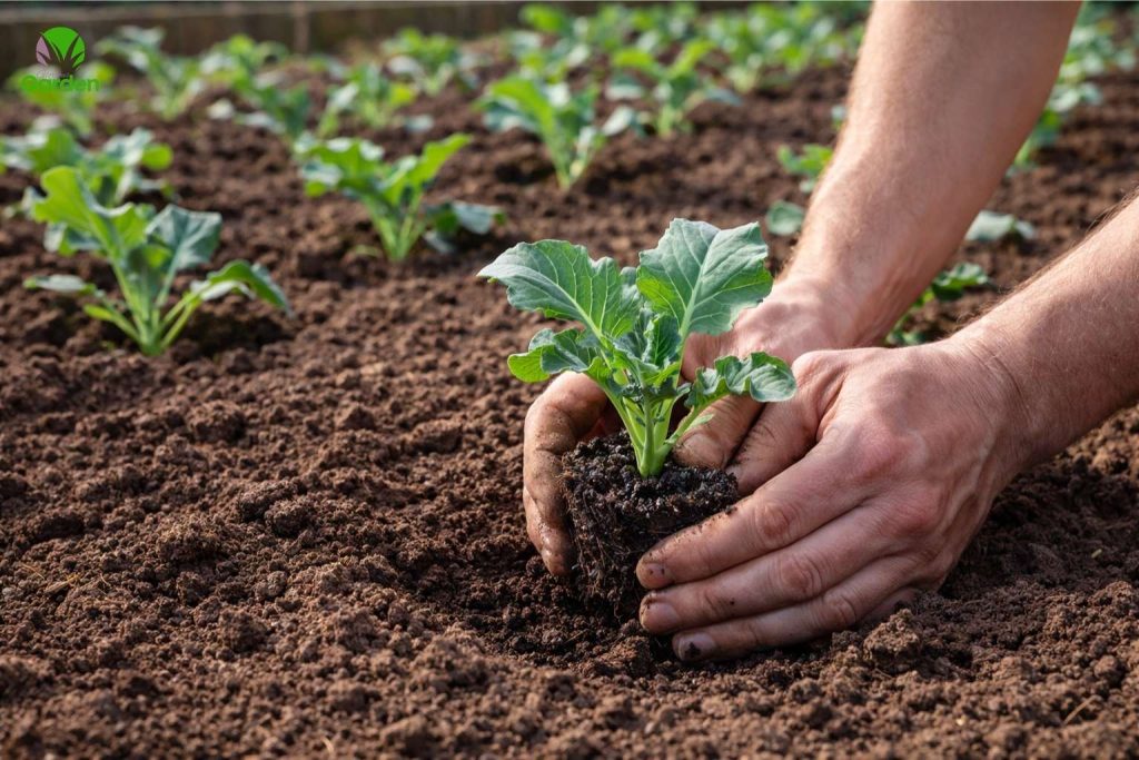 Hands planting young broccoli seedlings into a vegetable garden bed in the UK