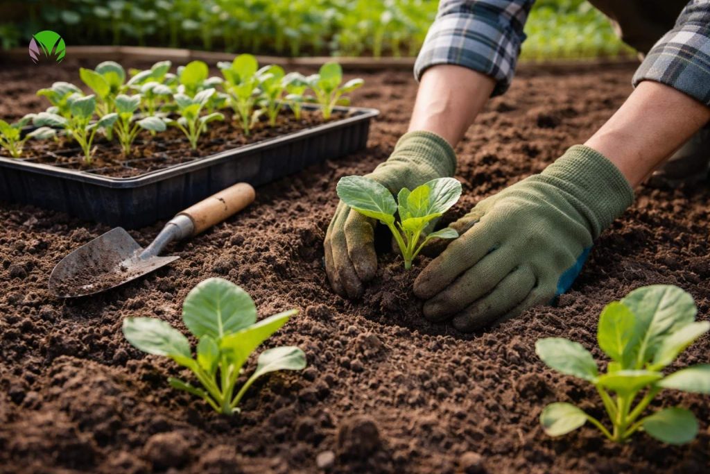 planting Brussels sprout seedlings outdoors in a UK vegetable garden