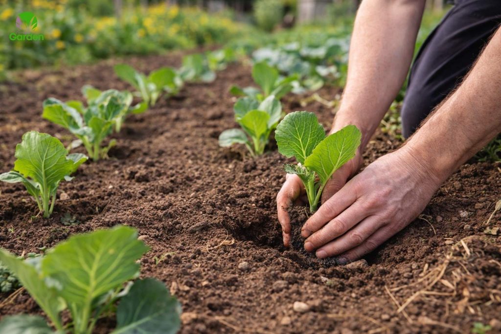 Gardener planting young cabbage seedlings into soil in a UK vegetable garden