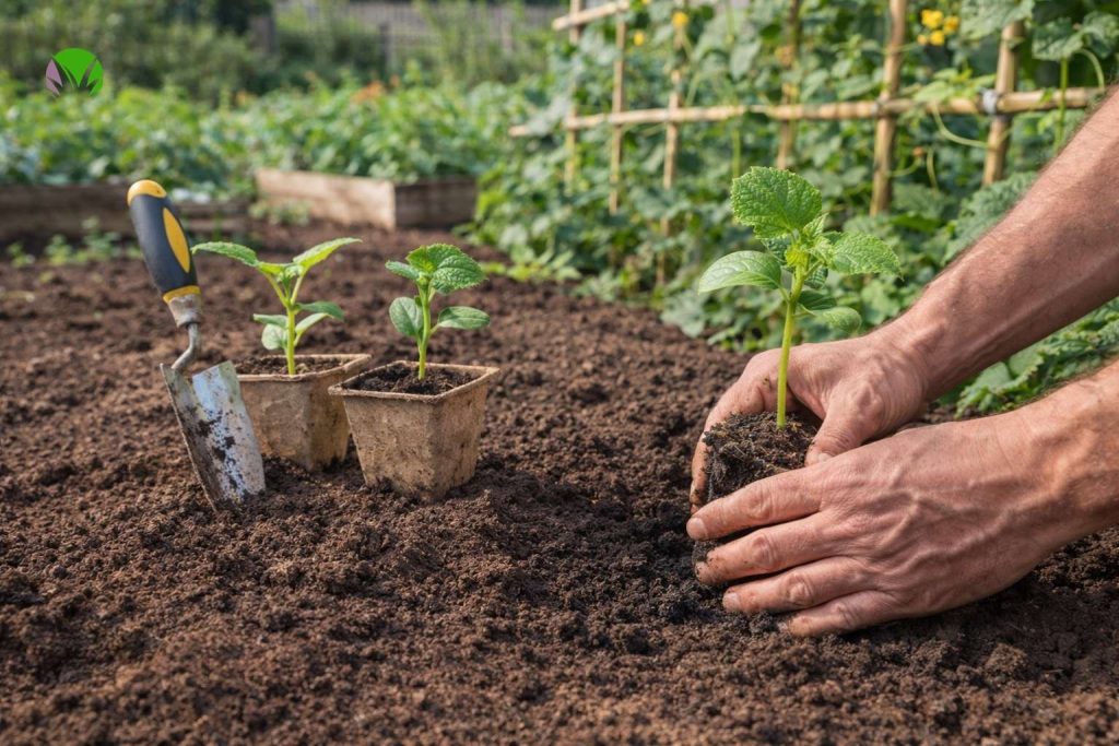 planting cucumber seedlings outdoors in a UK garden in late spring