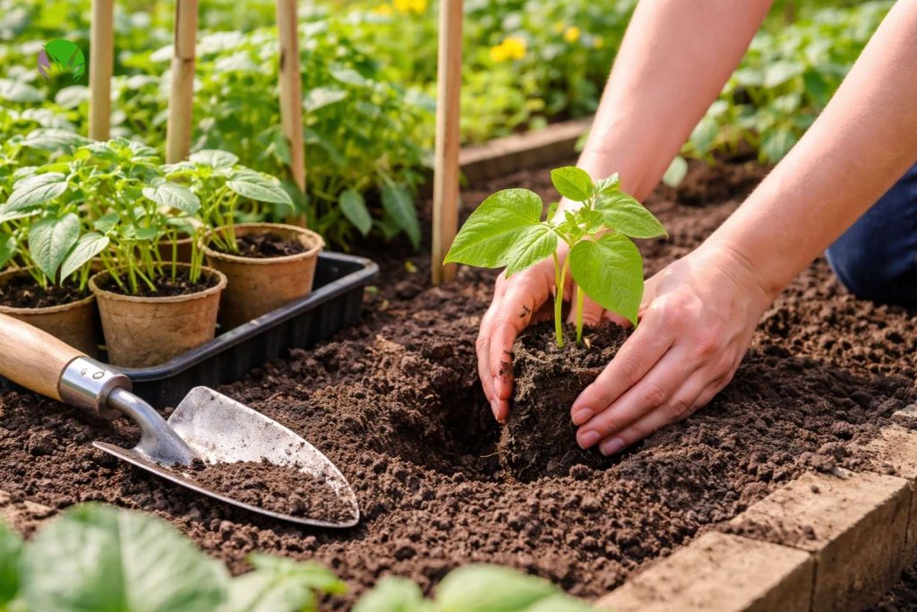 Planting young French bean plants outside in a UK garden
