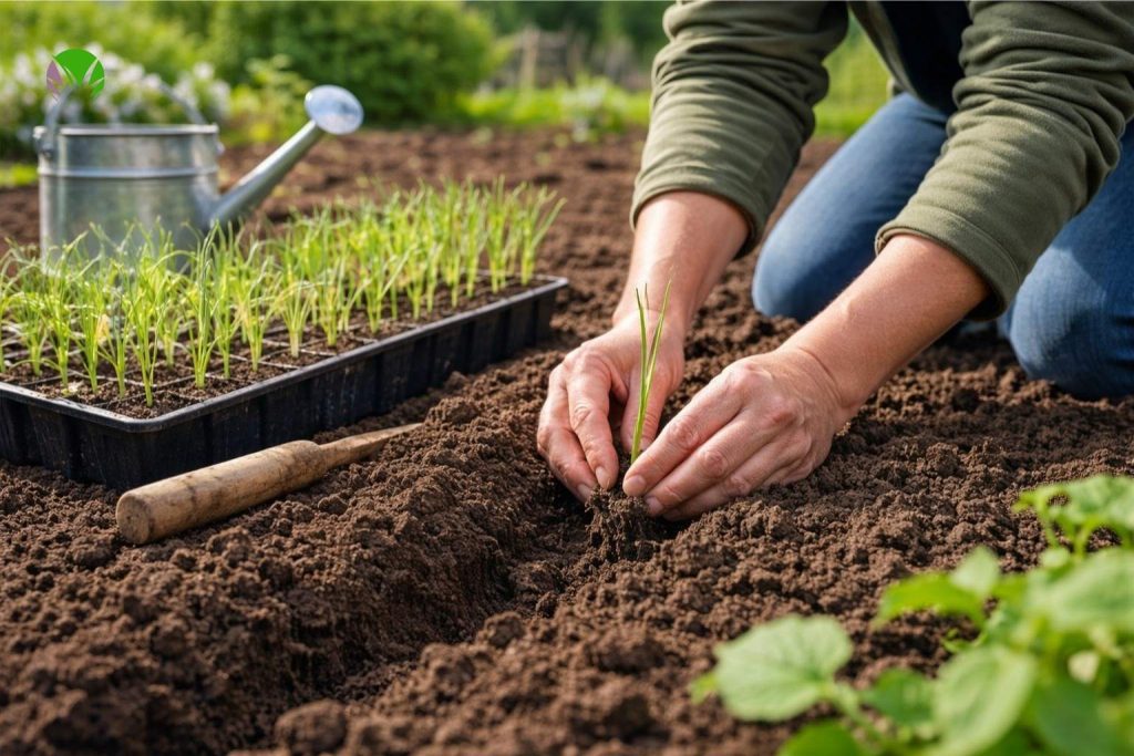 planting leek seedlings outdoors in a UK vegetable garden
