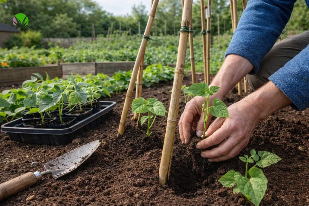 Planting young runner bean plants outside in a UK garden