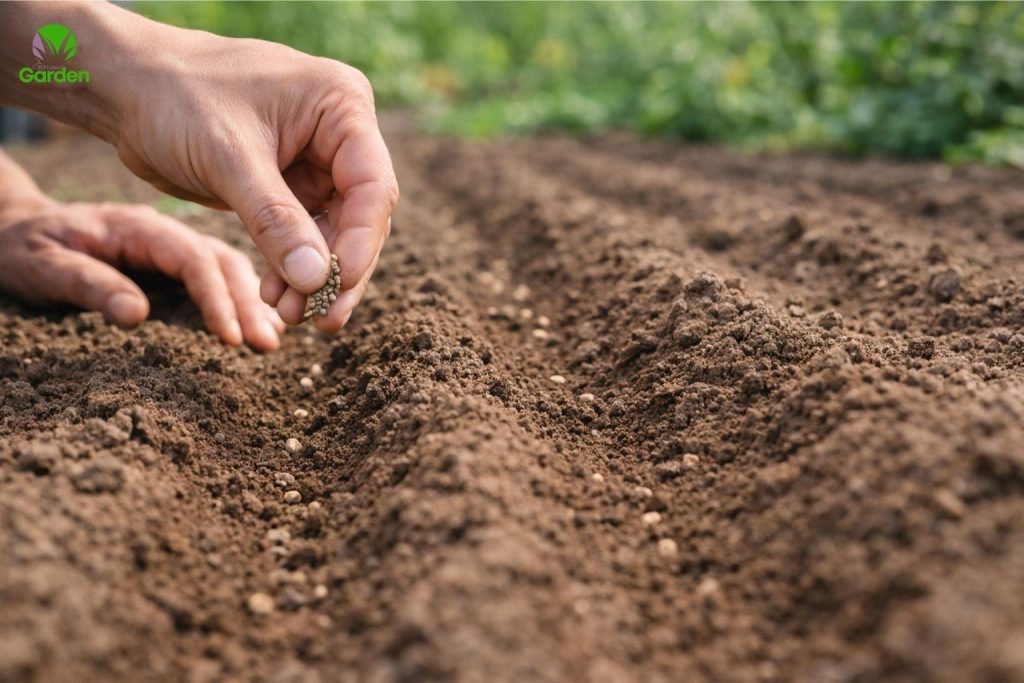 Hands sowing spinach seeds into rows in a vegetable garden bed in the UK