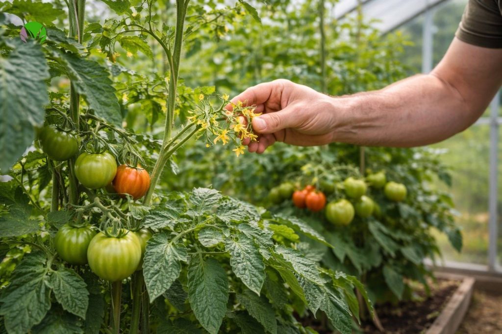 Helping tomato plants pollinate in a greenhouse