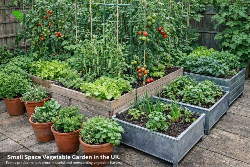Small space vegetable garden in pots and planters in the UK