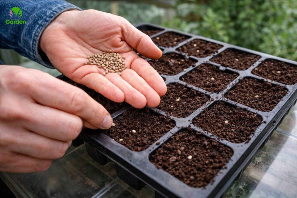gardener sowing cauliflower seeds in seed trays with compost indoors in a UK greenhouse