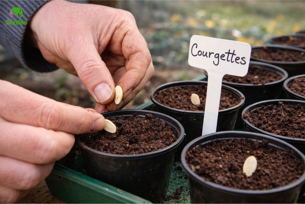 gardener planting courgette seeds into small pots of compost indoors