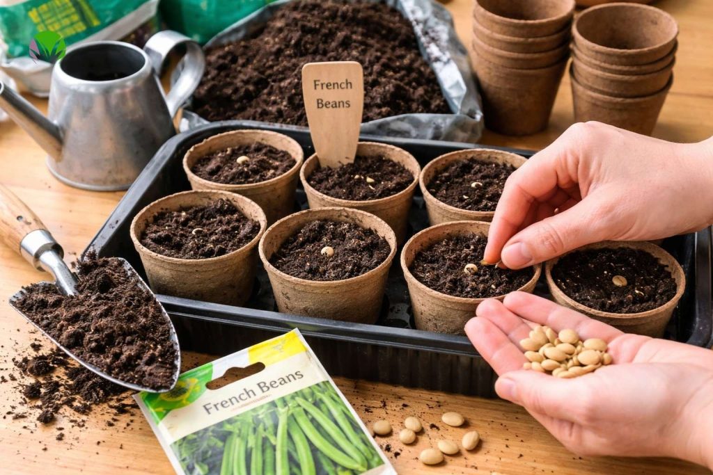 Sowing French bean seeds indoors in pots in the UK