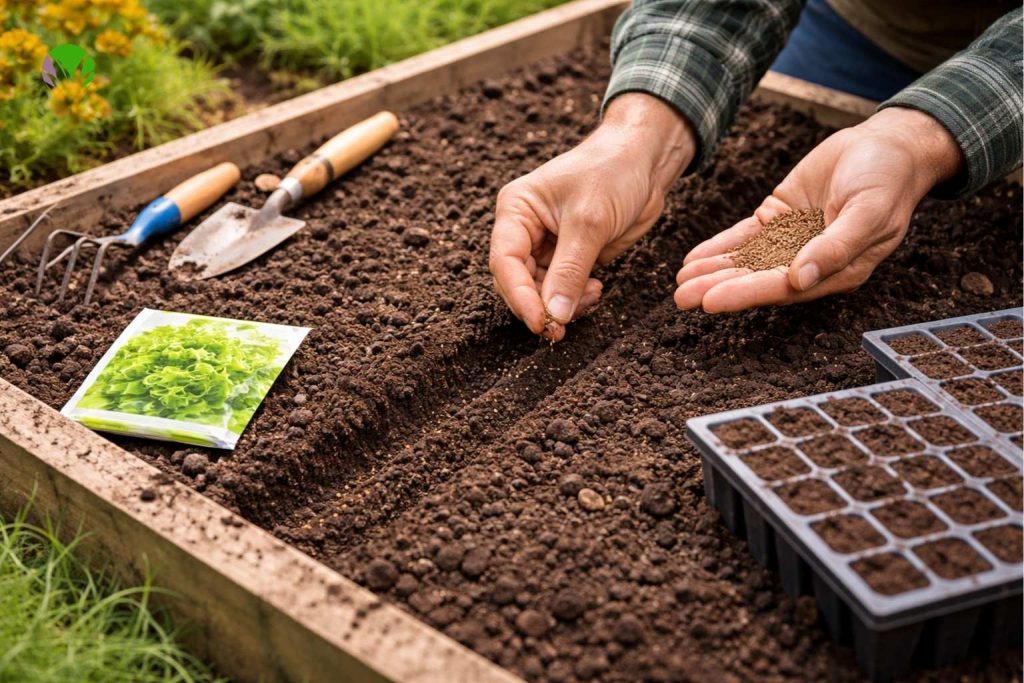 Sowing lettuce seeds in a UK garden
