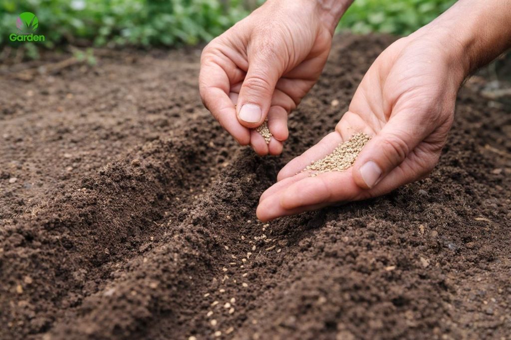 Hands sowing lettuce seeds in rows in a UK vegetable garden during spring planting