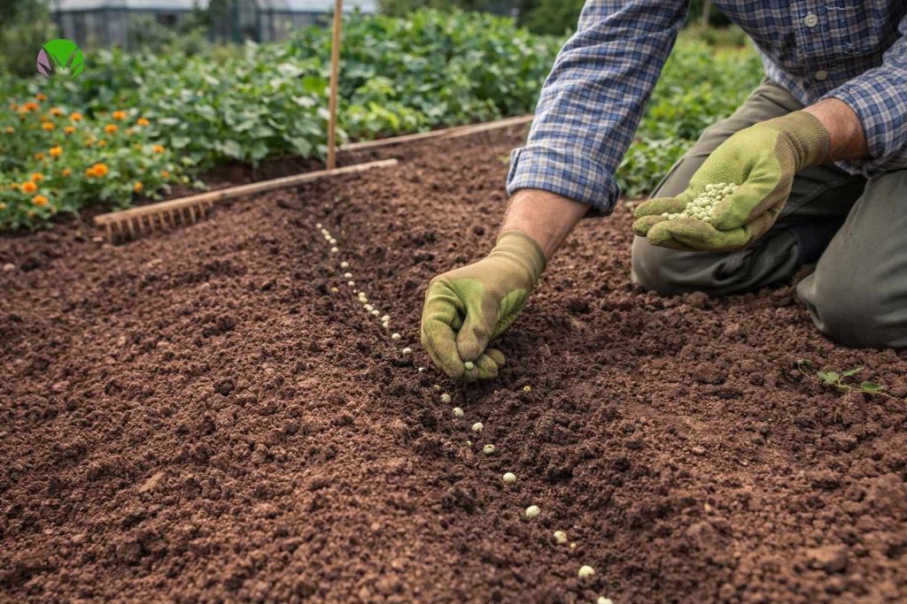 Sowing peas in a prepared garden bed in the UK