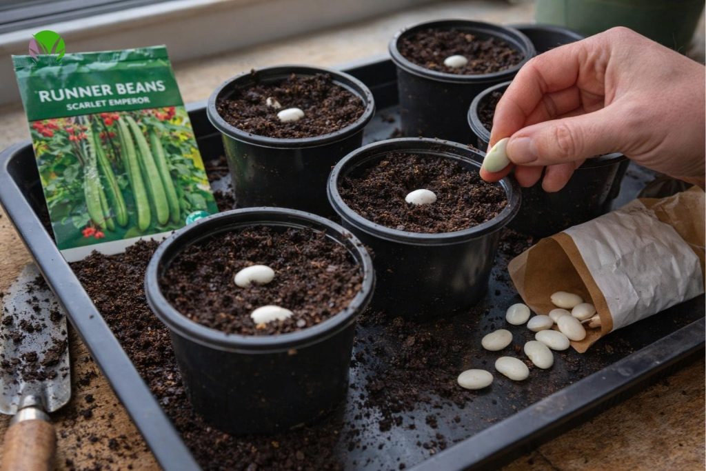 Sowing runner bean seeds indoors in pots in the UK