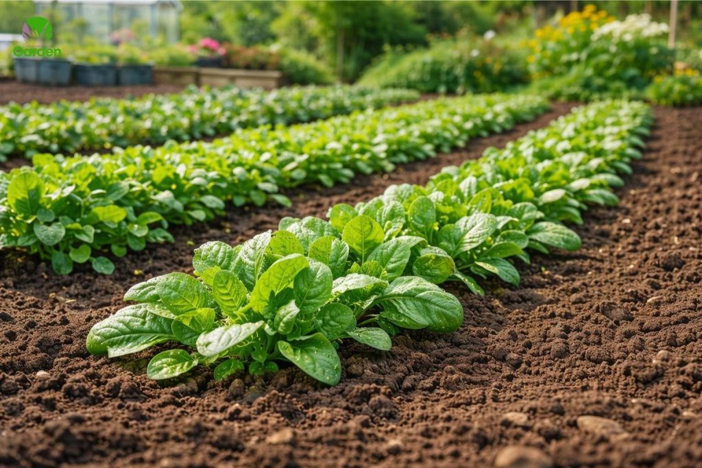 Young spinach plants growing in rows in a UK vegetable garden bed