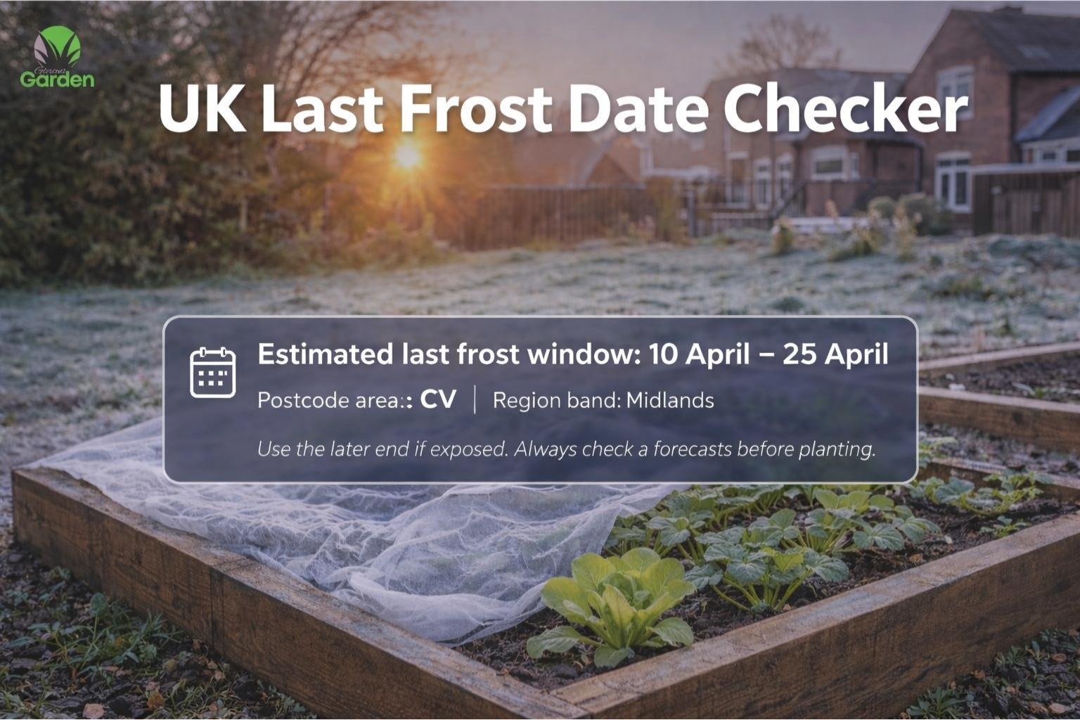 UK last frost date checker tool displayed over a frosty vegetable garden in early spring