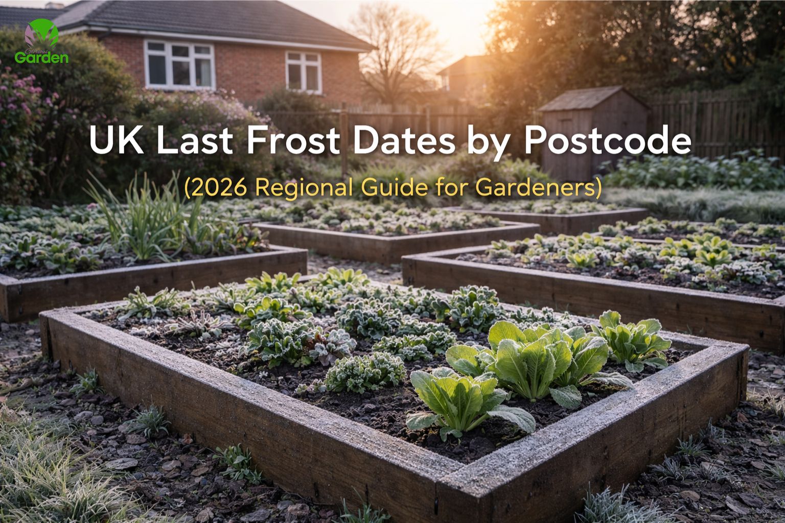 UK vegetable garden covered in light frost at sunrise showing last frost timing before spring planting