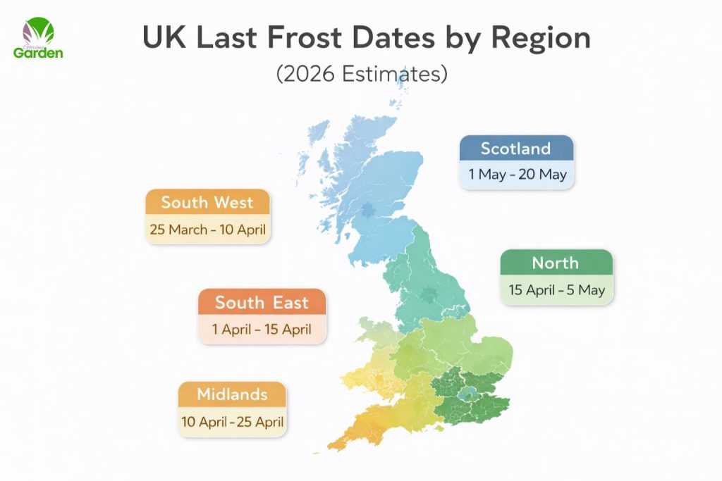 Map of UK showing average last frost dates by region for spring planting
