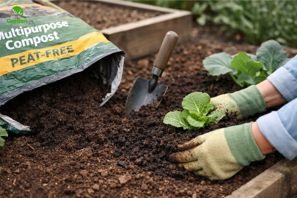 Gardener spreading peat-free bagged compost around young plants in a UK garden bed