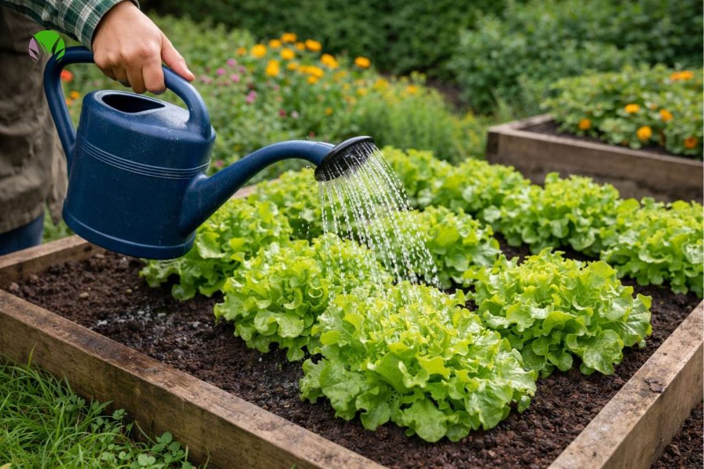 Watering lettuce in a UK garden