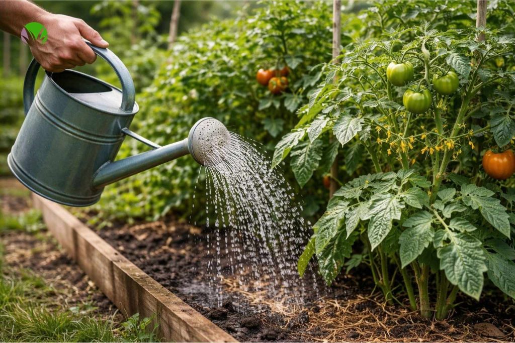 Watering tomato plants in a UK garden
