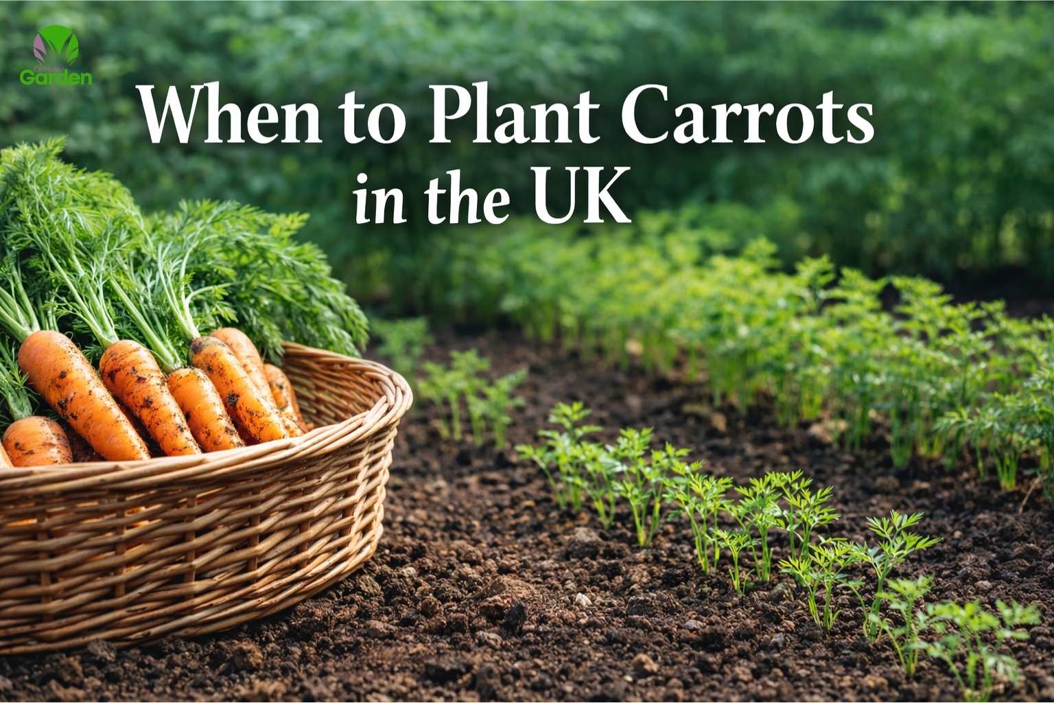 Freshly harvested carrots in a basket with young carrot plants growing in a UK vegetable garden