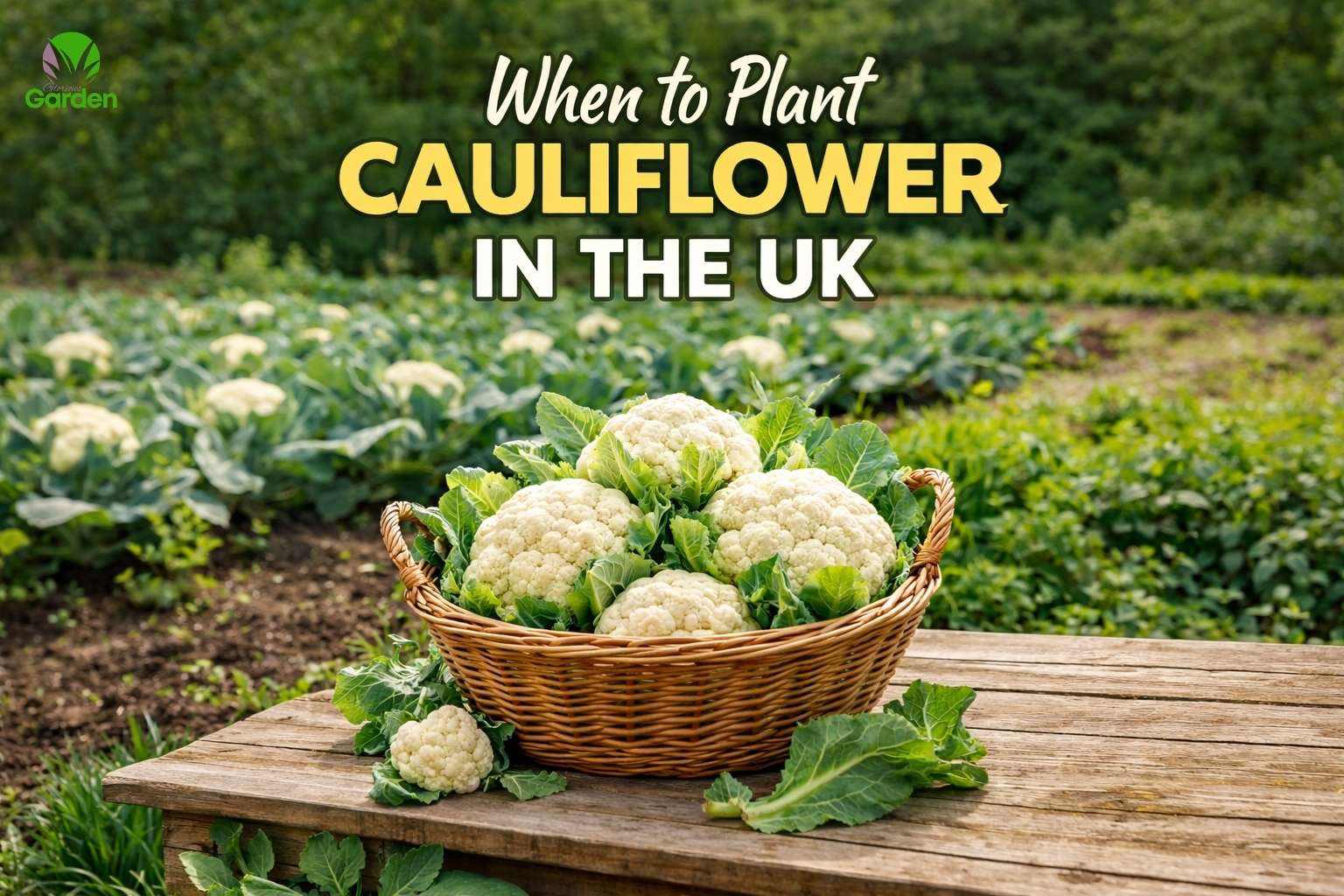 basket of freshly harvested cauliflower with cauliflower plants growing in a UK vegetable garden