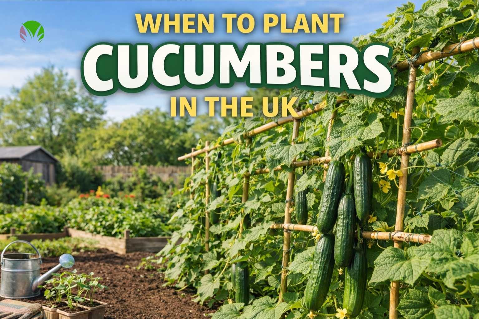 when to plant cucumbers in the UK with plants growing on trellis in garden