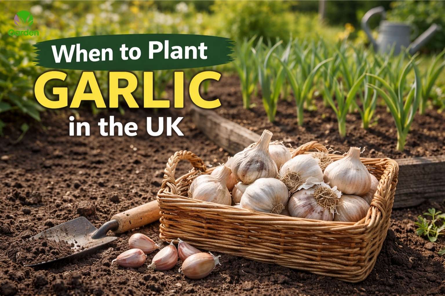 Fresh garlic bulbs in a basket with garlic plants growing in a UK vegetable garden