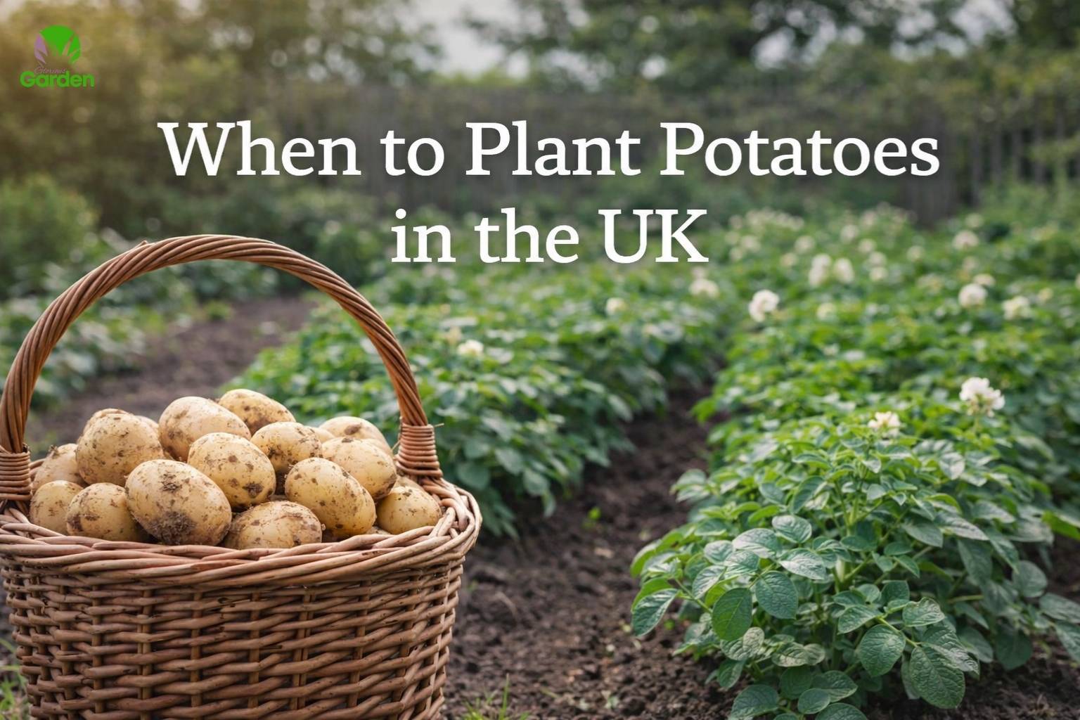 Basket of freshly harvested potatoes with potato plants growing in a UK vegetable garden