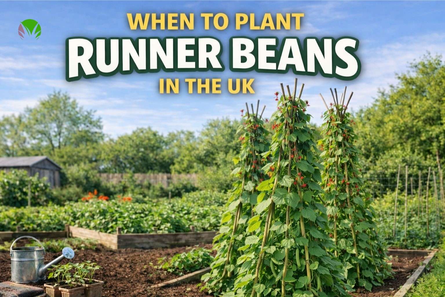 Runner bean plants climbing canes in a UK vegetable garden