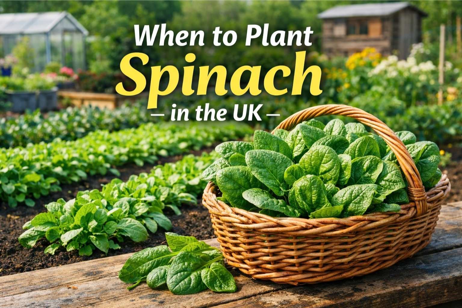 Basket of fresh spinach with spinach plants growing in a UK vegetable garden showing when to plant spinach in the UK