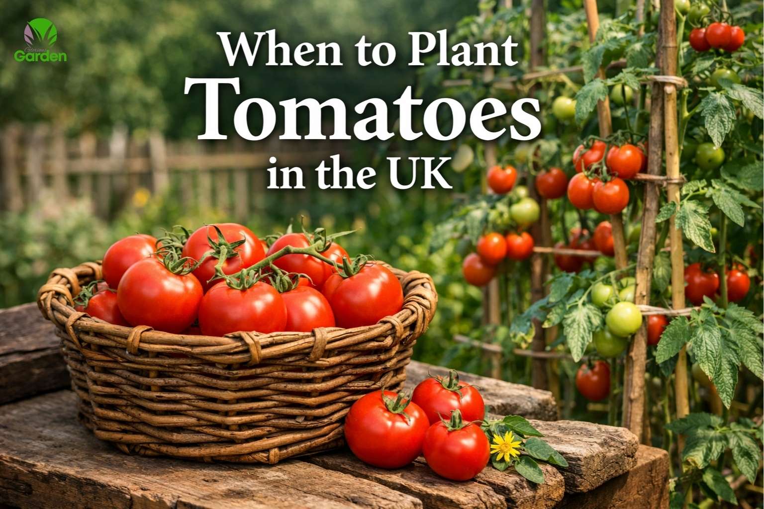 Ripe red tomatoes in a basket with tomato plants growing in a UK vegetable garden