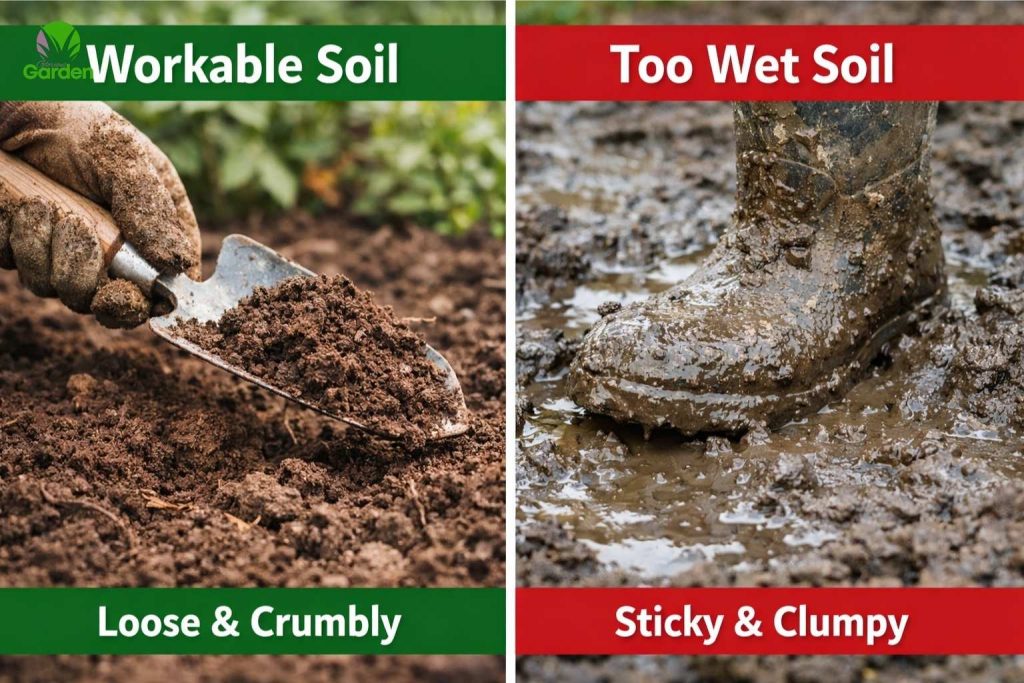 workable garden soil compared with waterlogged wet soil in a UK garden