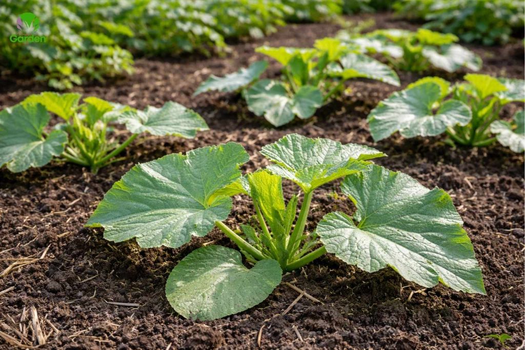 young courgette plants growing in a vegetable garden bed with rich soil