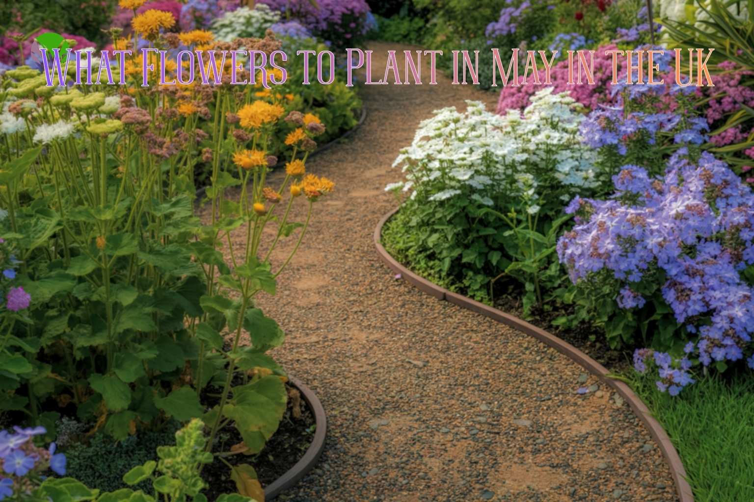 A colourful flower border in a UK garden in May with yellow, white, pink and blue flowers lining a gravel path