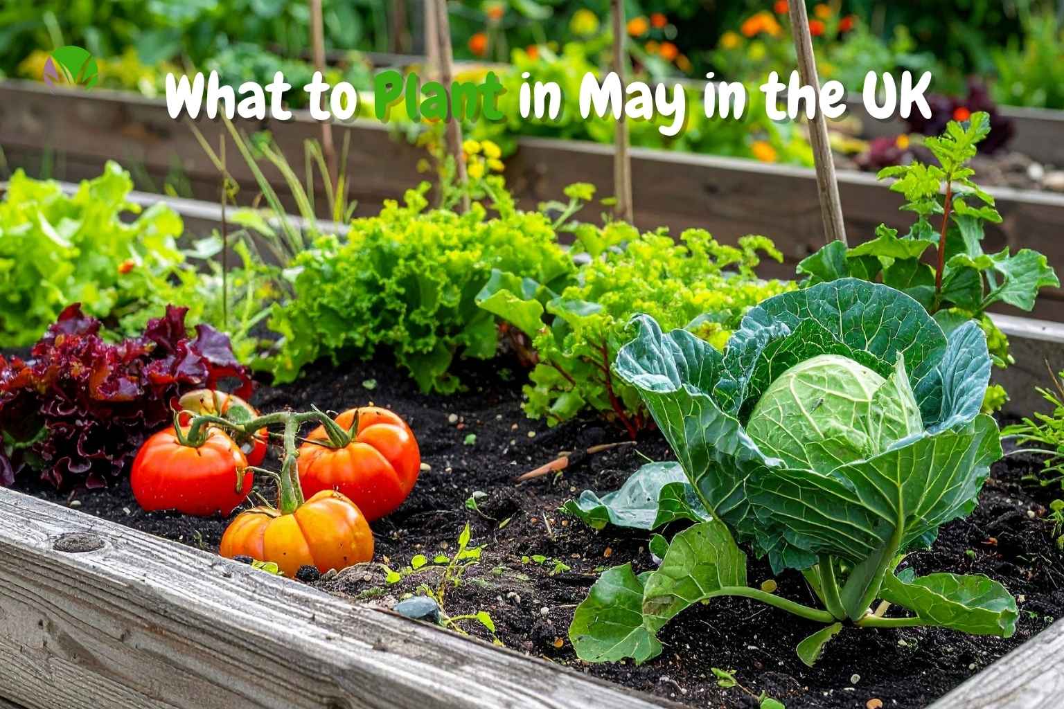 Raised bed vegetable garden in May in the UK with tomatoes, lettuce, cabbage and nasturtiums