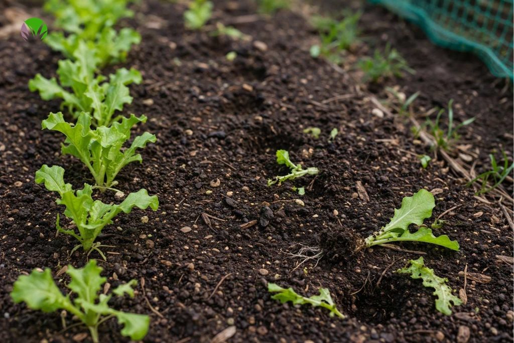 Lettuce seedlings disturbed by birds in a UK garden