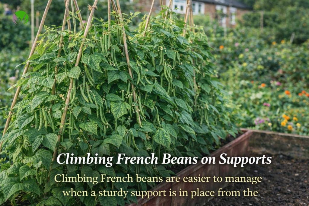 Climbing French beans growing on supports in a UK garden