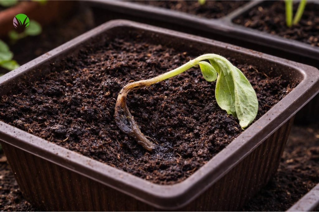 Collapsed courgette seedling in a UK growing setup