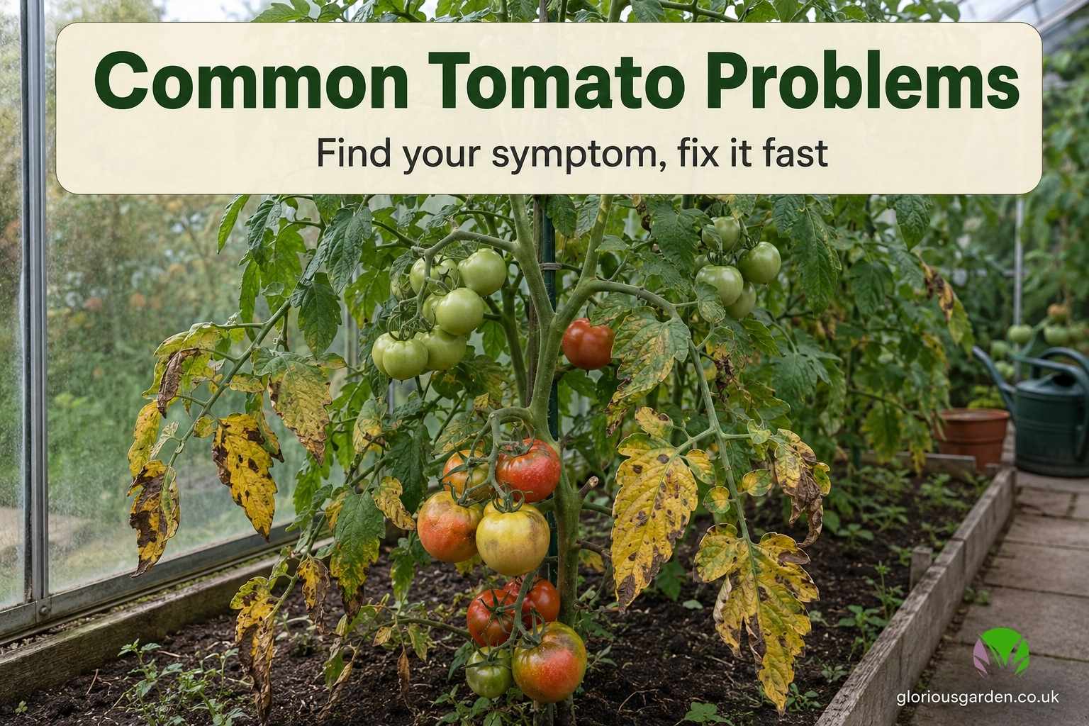 Common tomato problems UK, a tomato plant showing yellowing leaves and problem fruit